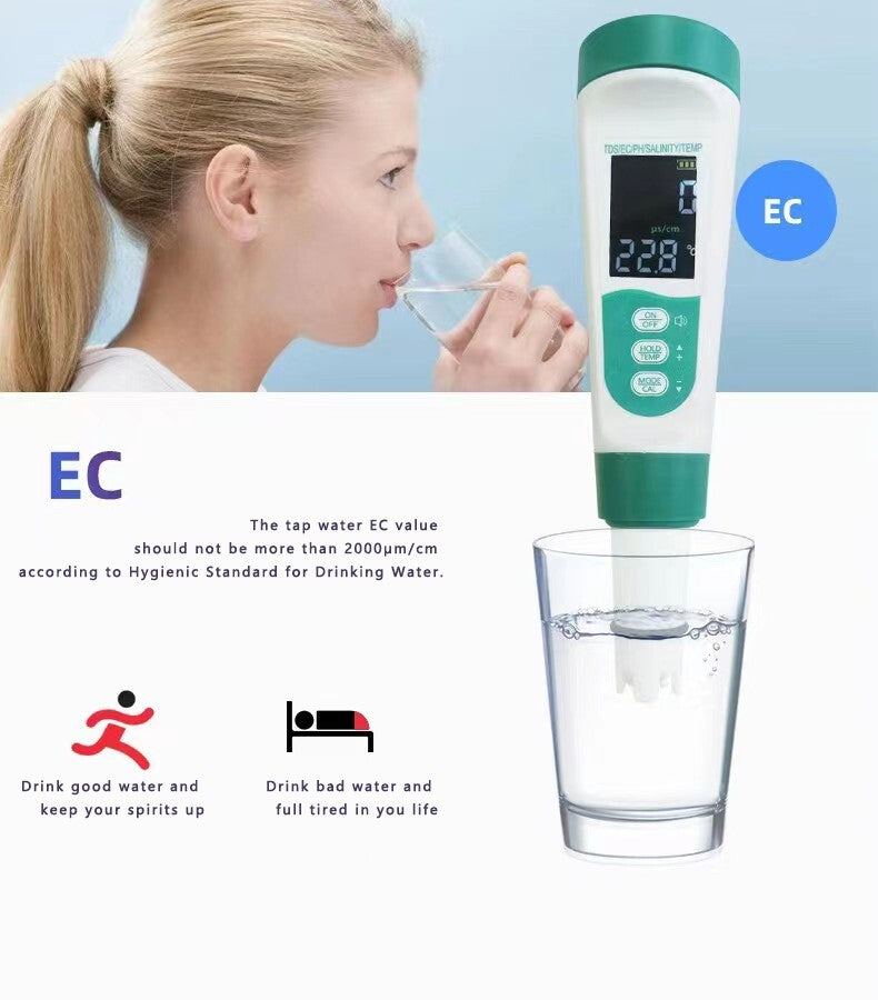 5-in-1 pH TDS EC Salzgehalt Temperatur Wassertester mit Stimme