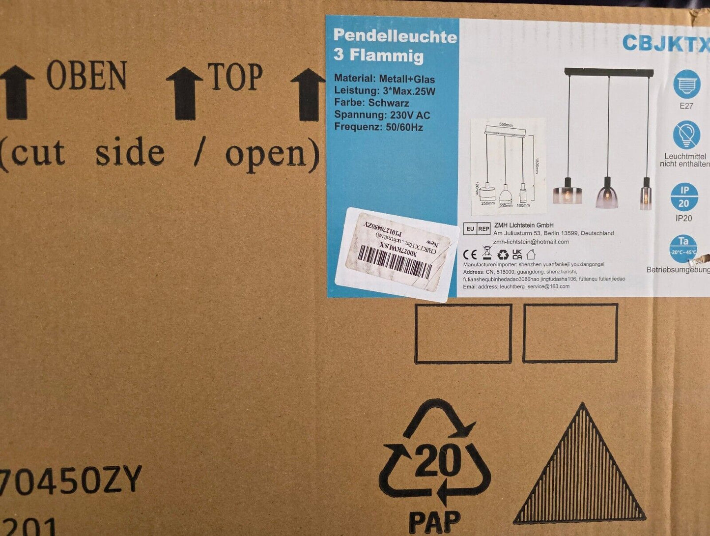 Hängelampe 3 Flammig Vintage Glas Schwarz E27 Höhenverstellbar