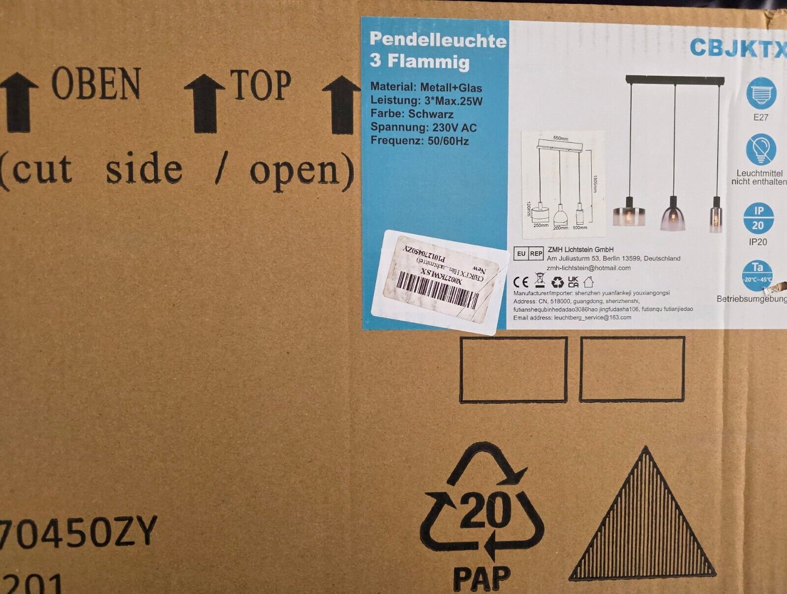 Hängelampe 3 Flammig Vintage Glas Schwarz E27 Höhenverstellbar