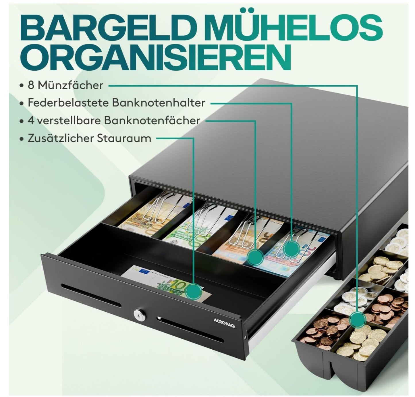Kassenschublade Drucköffnung 8 Münz- 4 Scheinfächer Metall