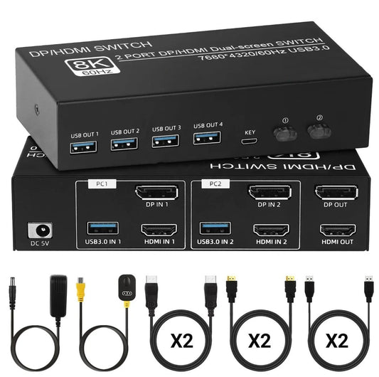 8K DP / HDMI KVM 2PC 2 Monitor 8K@60Hz 4K@120Hz 2K@144Hz + Kabel