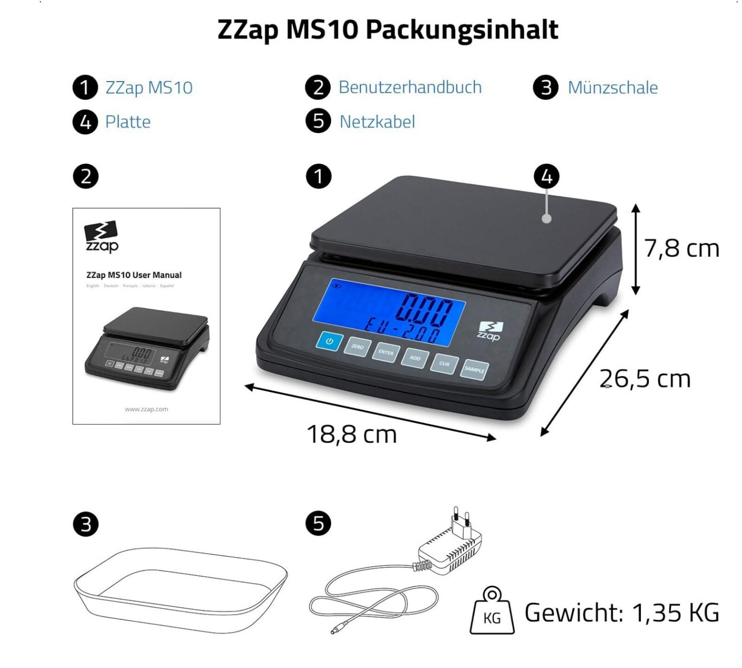 Münzzählwaage 3kg 5 Währungen Batterie/Netz USB-Export