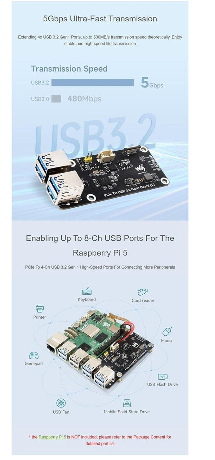 PCIe zu 4-Ch USB3.2 Gen1 Board – Erweitern Sie Ihren Raspberry Pi 5!