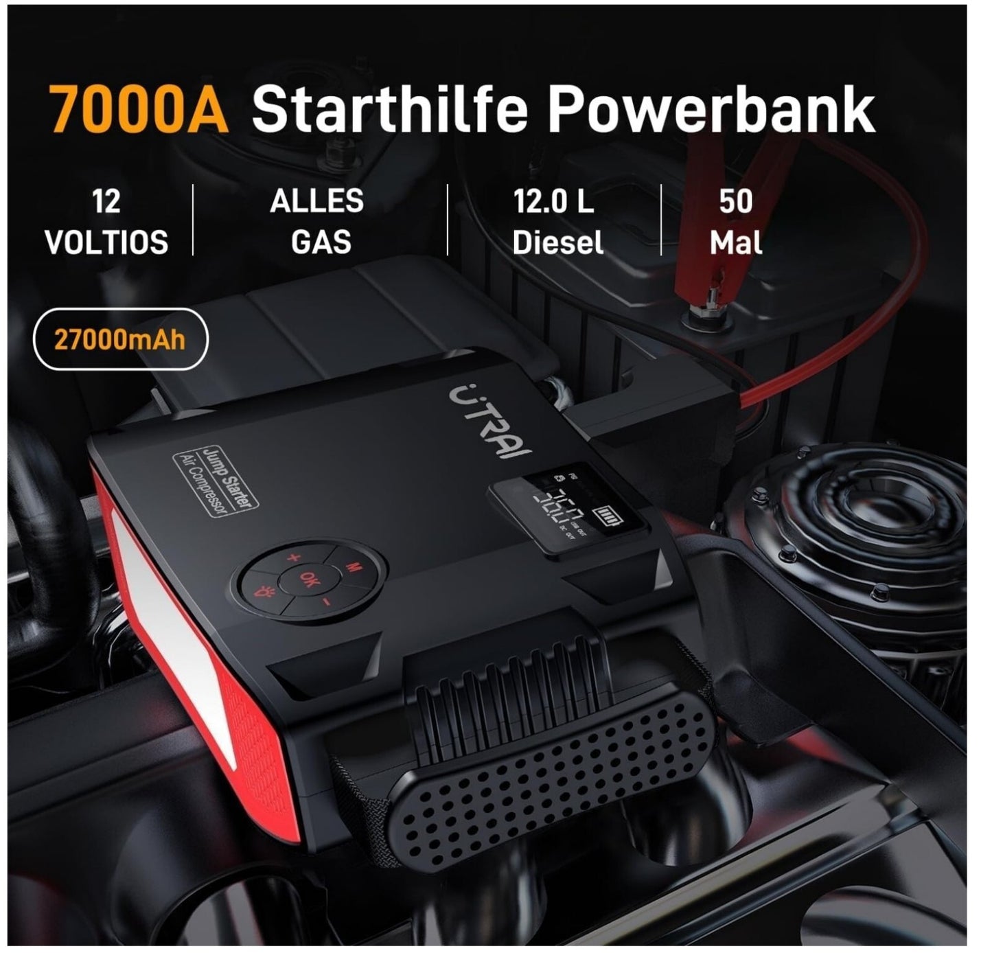 7000A Starthilfe Powerbank 27000mAh Kompressor 1600lm LED QC3.0