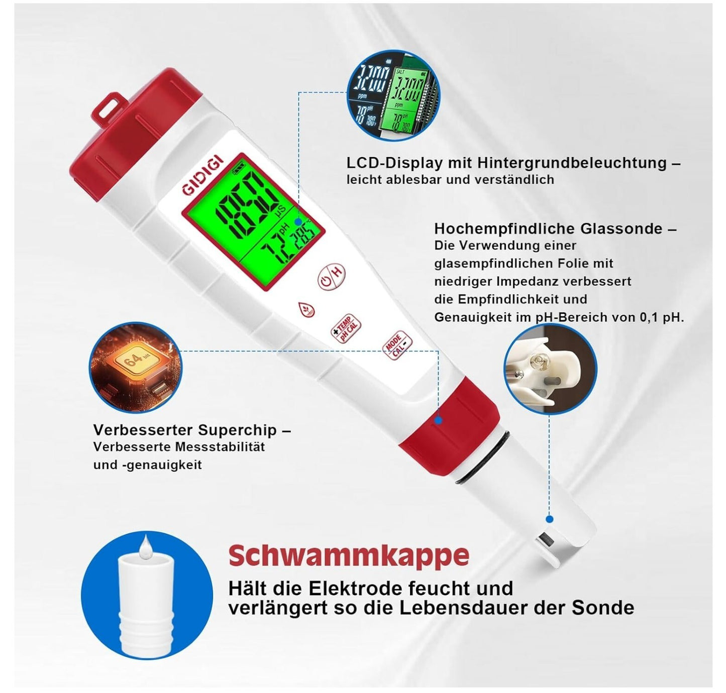4-in-1 pH TDS EC Messgerät Wasser Tester LCD Hintergrundbeleuchtung