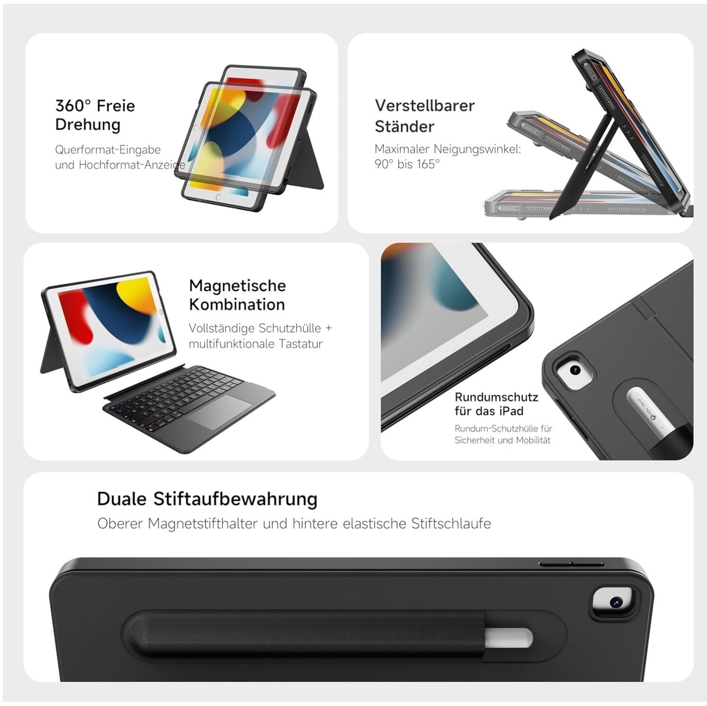iPad 9/8/7 Gen 10.2" Tastatur Hülle 360° Drehbar Trackpad QWERTZ Schwarz