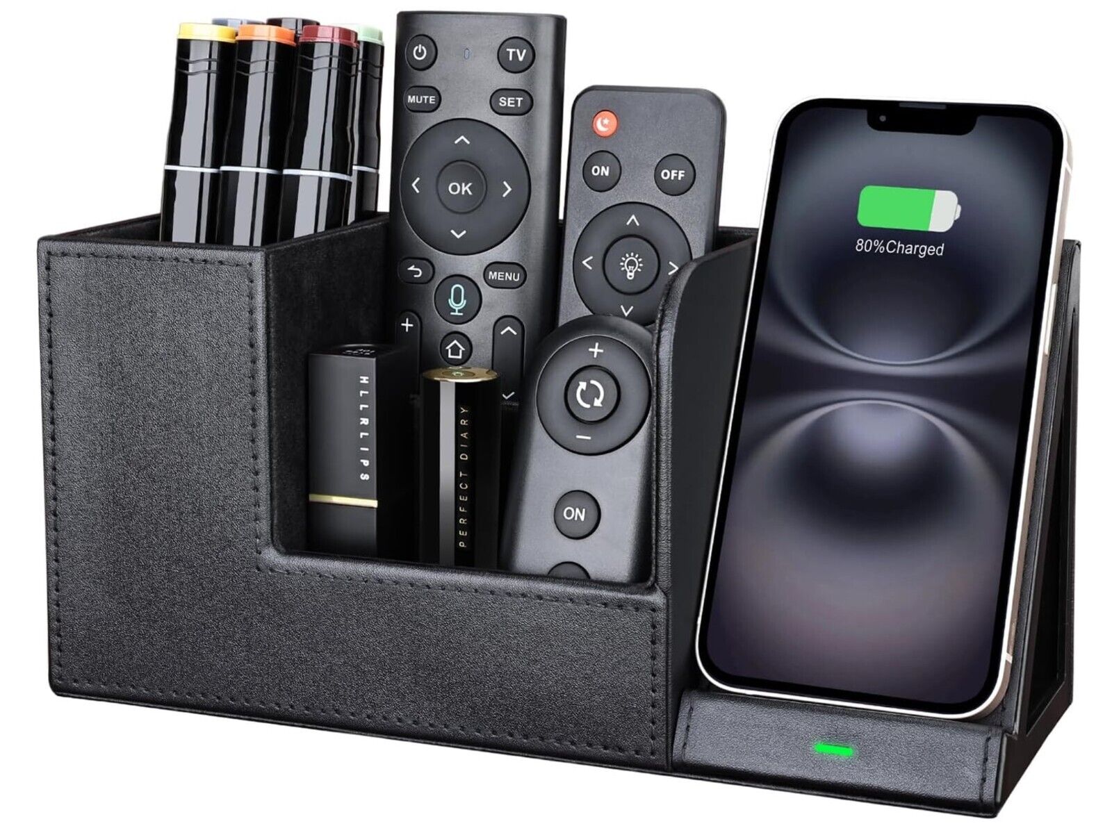 Stiftehalter Schreibtisch Organizer mit Induktive Ladestation, Leder Büro Organi