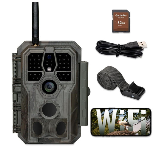 E8 Wildkamera WLAN mit 32 GB SD-Karte, 64MP H.264 1296P Video, 27m Infrarot Nach