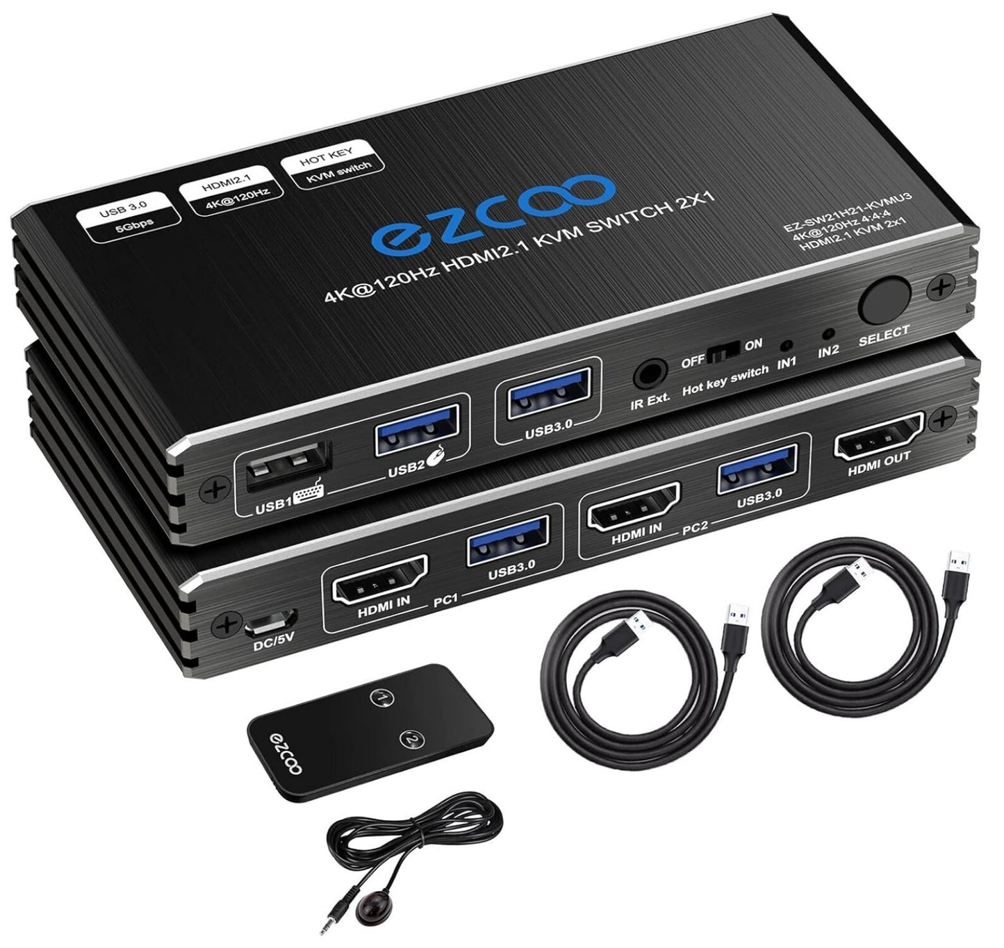 8K HDMI 2.1 KVM Switch 2 Ports USB3.0 4K@120Hz Hotkey 2 PCs - 1 Monitor