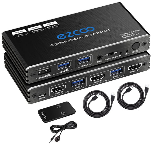 8K HDMI 2.1 KVM Switch 2 Ports USB3.0 4K@120Hz Hotkey 2 PCs - 1 Monitor