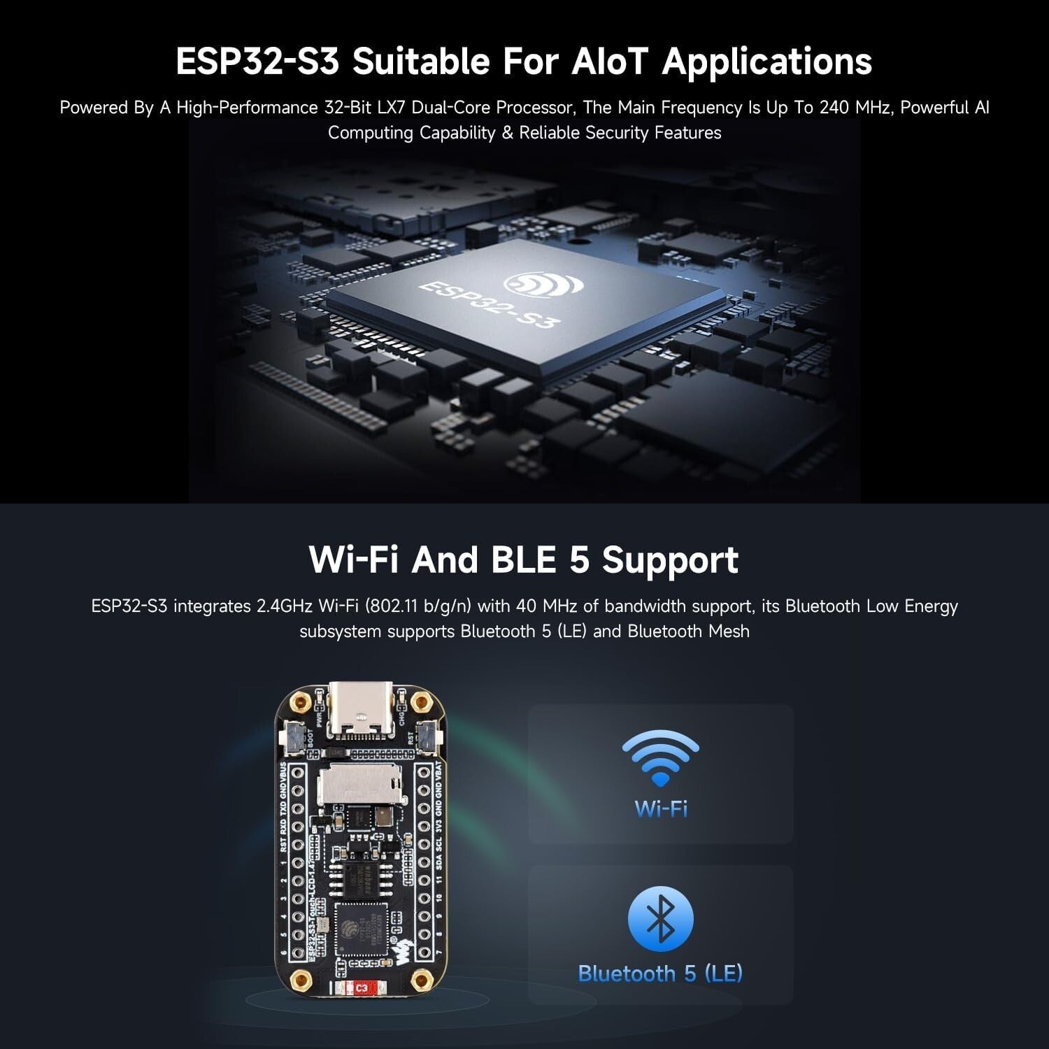 ESP32-S3 1.47 Zoll Touch Display Dev-Board 172x320 240MHz WiFi/BLE
