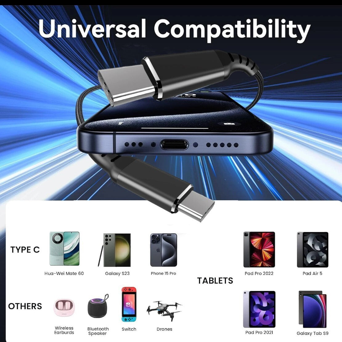 USB-C 2-in-1 Kabel 100W PD 480Mbps Nylon 1m Schwarz