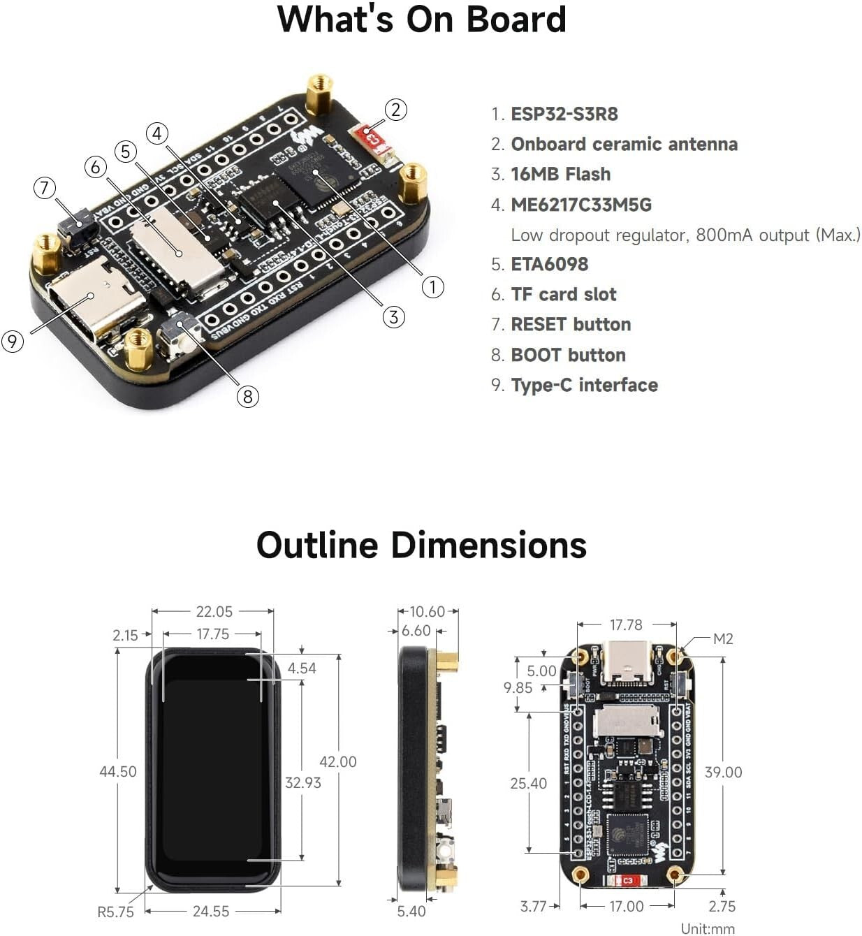ESP32-S3 1.47 Zoll Touch Display Dev-Board 172x320 240MHz WiFi/BLE