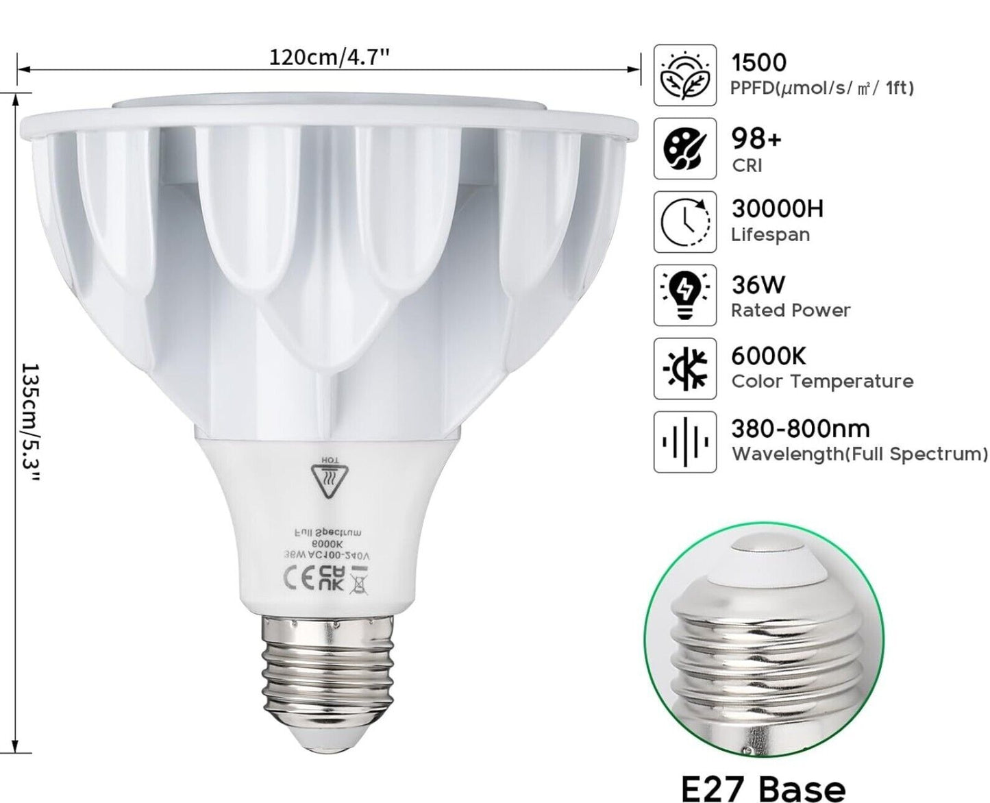 36W LED Pflanzenlampe - Vollspektrum, 6000K, Weiß