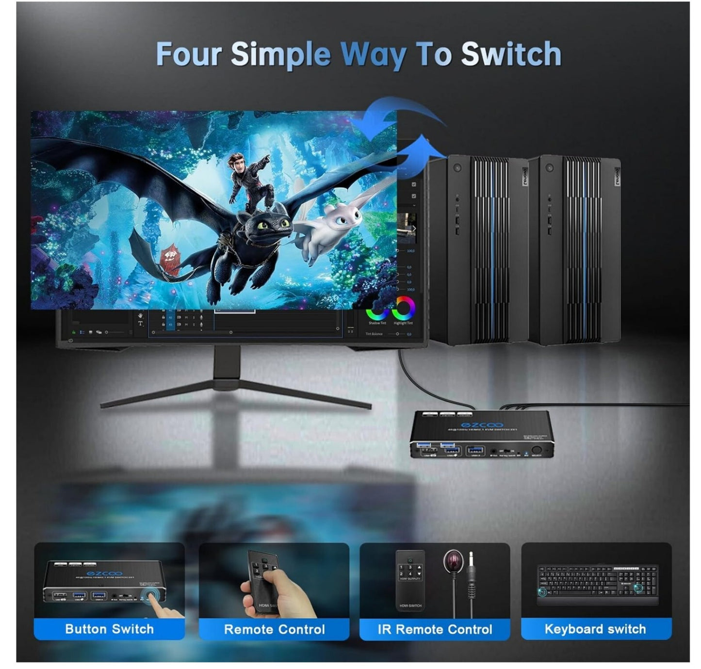 8K HDMI 2.1 KVM Switch 2 Ports USB3.0 4K@120Hz Hotkey 2 PCs - 1 Monitor