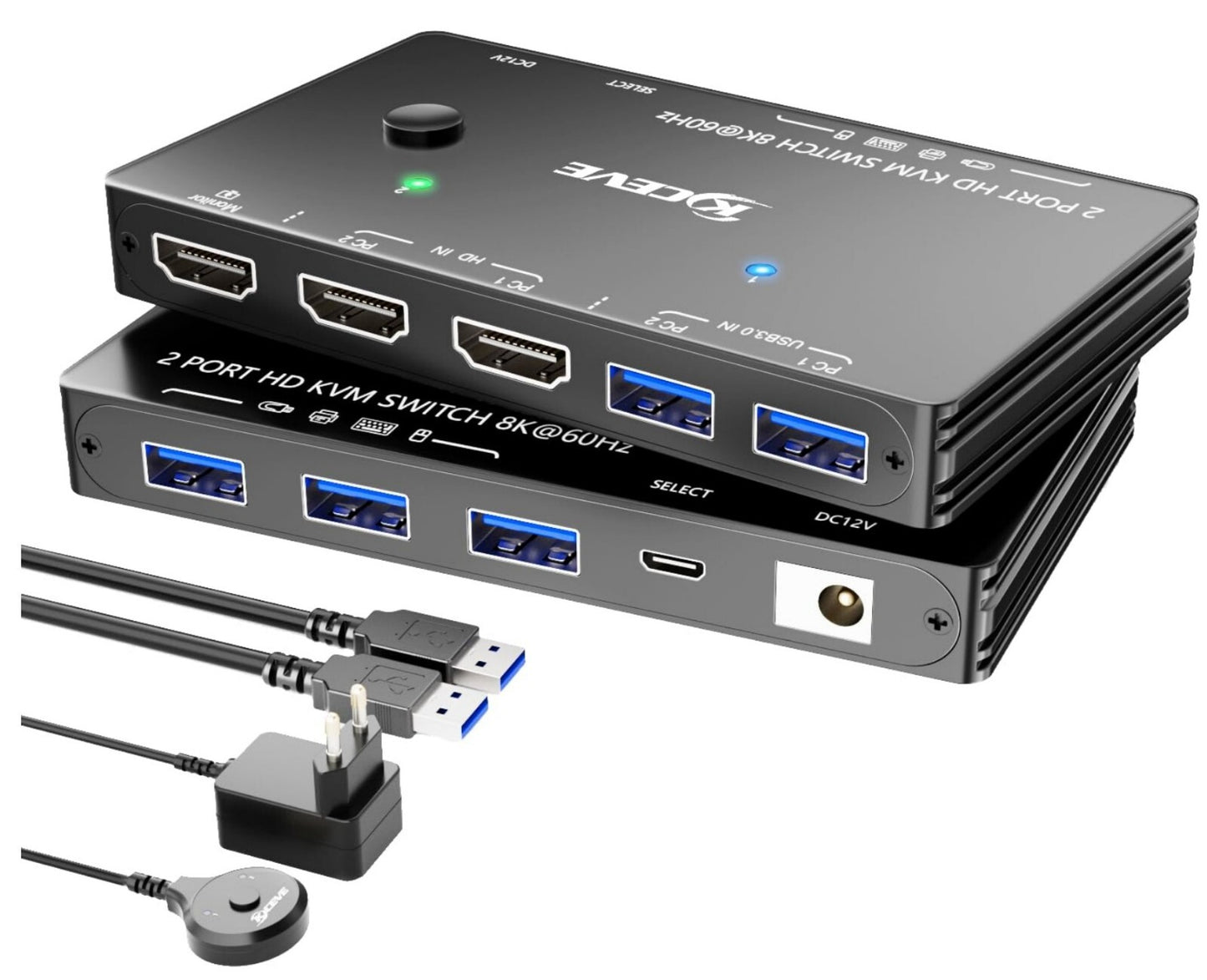 HDMI KVM Switch 8K@60Hz 4K@120Hz für 2 PCs, 1 Monitor, 3x USB 3.0