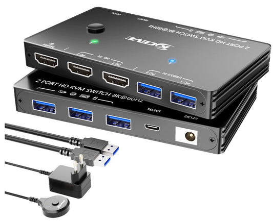 HDMI KVM Switch 8K@60Hz 4K@120Hz für 2 PCs, 1 Monitor, 3x USB 3.0