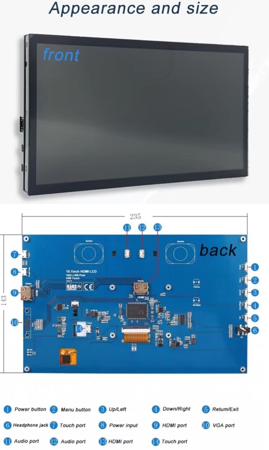 10,1 Zoll IPS RGB HDMI Touchscreen Modul 1024x600 für Raspberry Pi