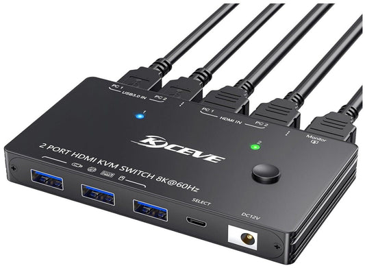 KVM Switch 2 PC 1 Monitor HDMI 8K@60Hz 4K@120Hz 2K@144Hz USB 3.0