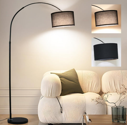 Bogenlampe Vintage Stoffschirm 33cm Schwarz LED E27 Fußschalter
