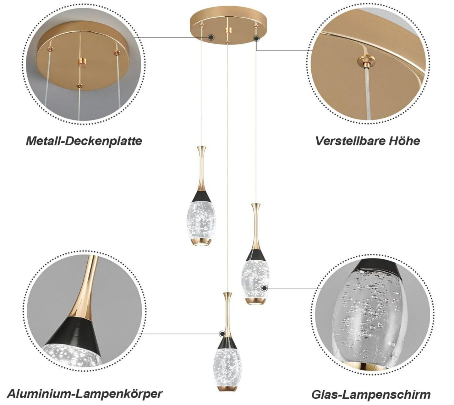 Schwarz-Gold 3-Flammig LED Kristall Pendelleuchte