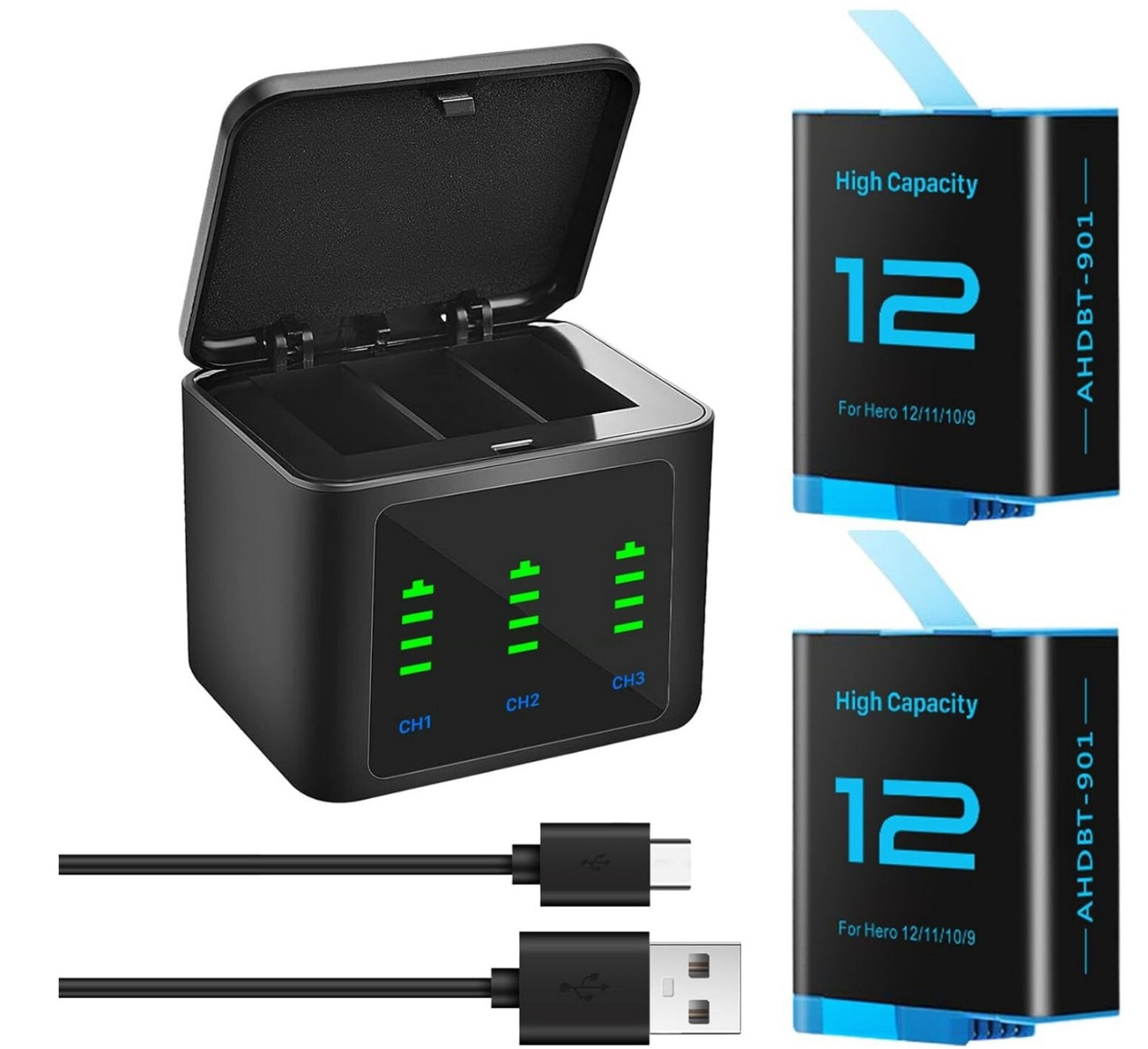 2x 2580mAh Hero 12 Akku + 3-Kanal LED Ladegerät für GoPro Hero 12/11/10/9