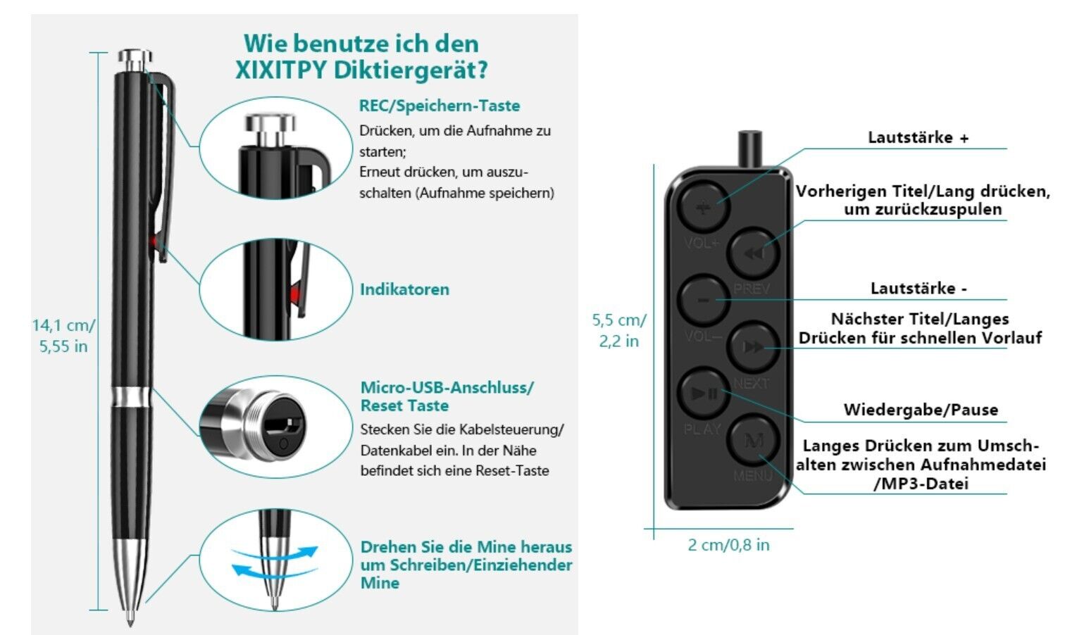 60GB Diktiergerät, Sprachaktivierter Aufnahmegerät mit 800 Stunden Aufnahme