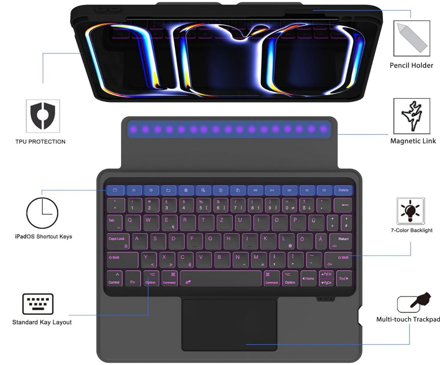 Tastaturhülle iPad Pro 11" M4 2024 QWERTZ Touchpad RGB Schwarz