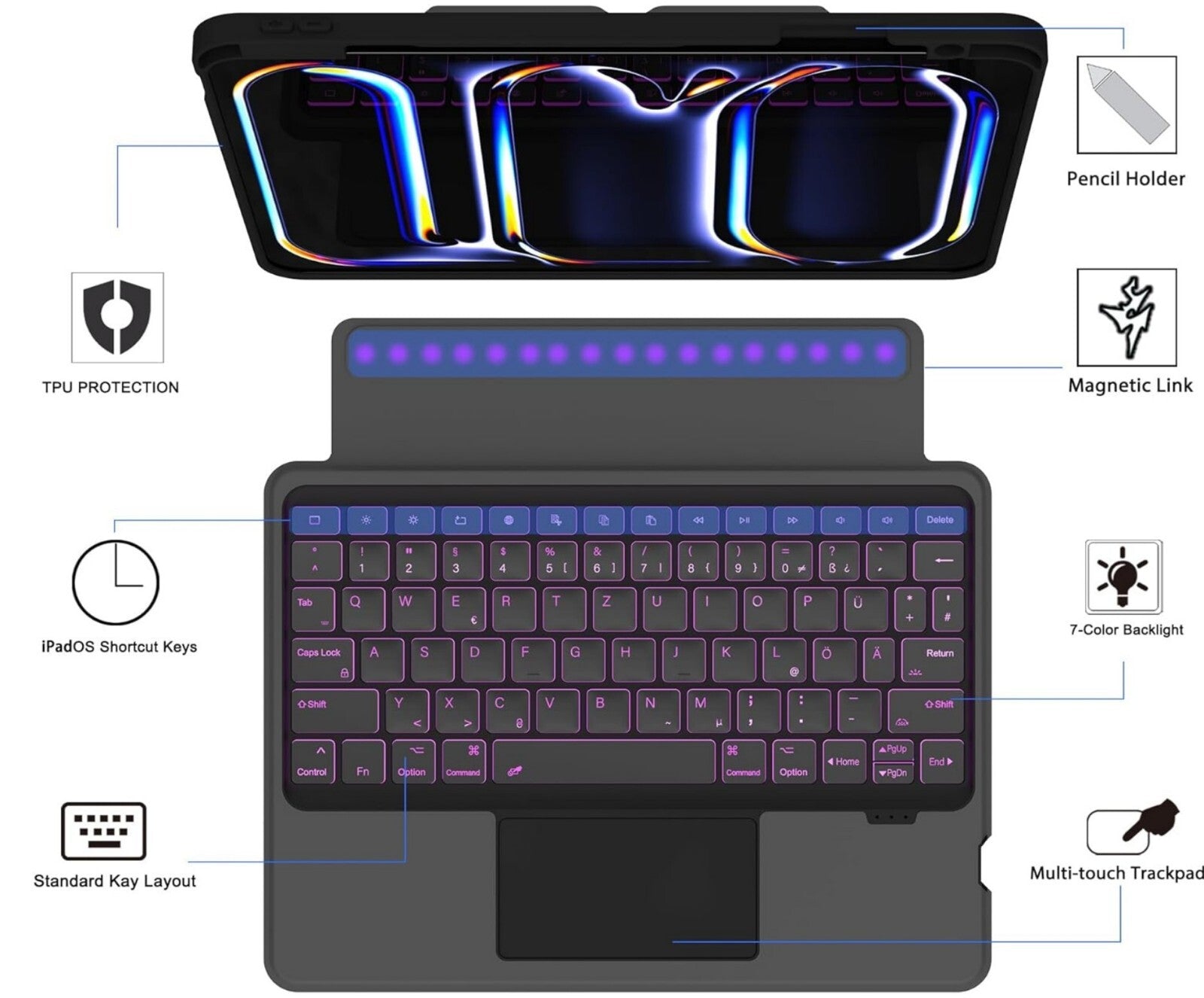 Tastaturhülle iPad Pro 11" M4 2024 QWERTZ Touchpad RGB Schwarz