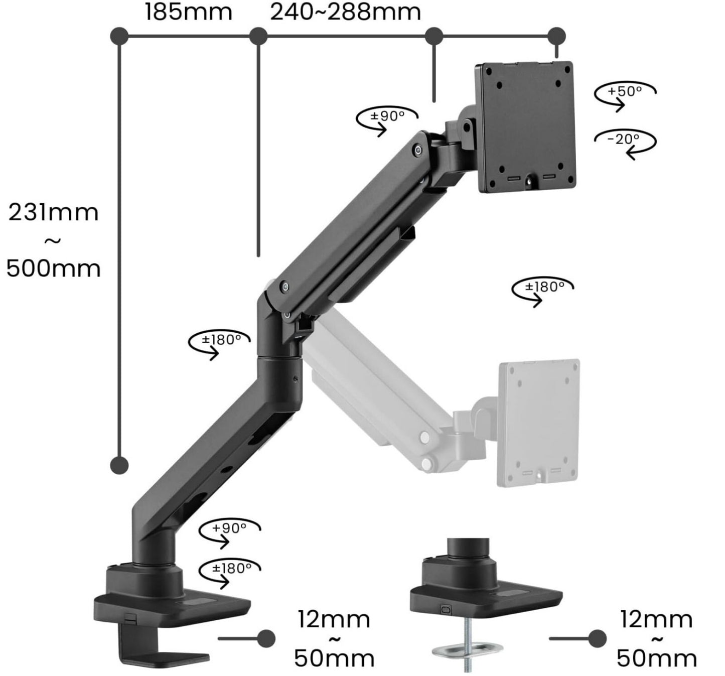 Gaming Monitor Halterung 17-49" Gasfeder VESA 75/100mm 20kg