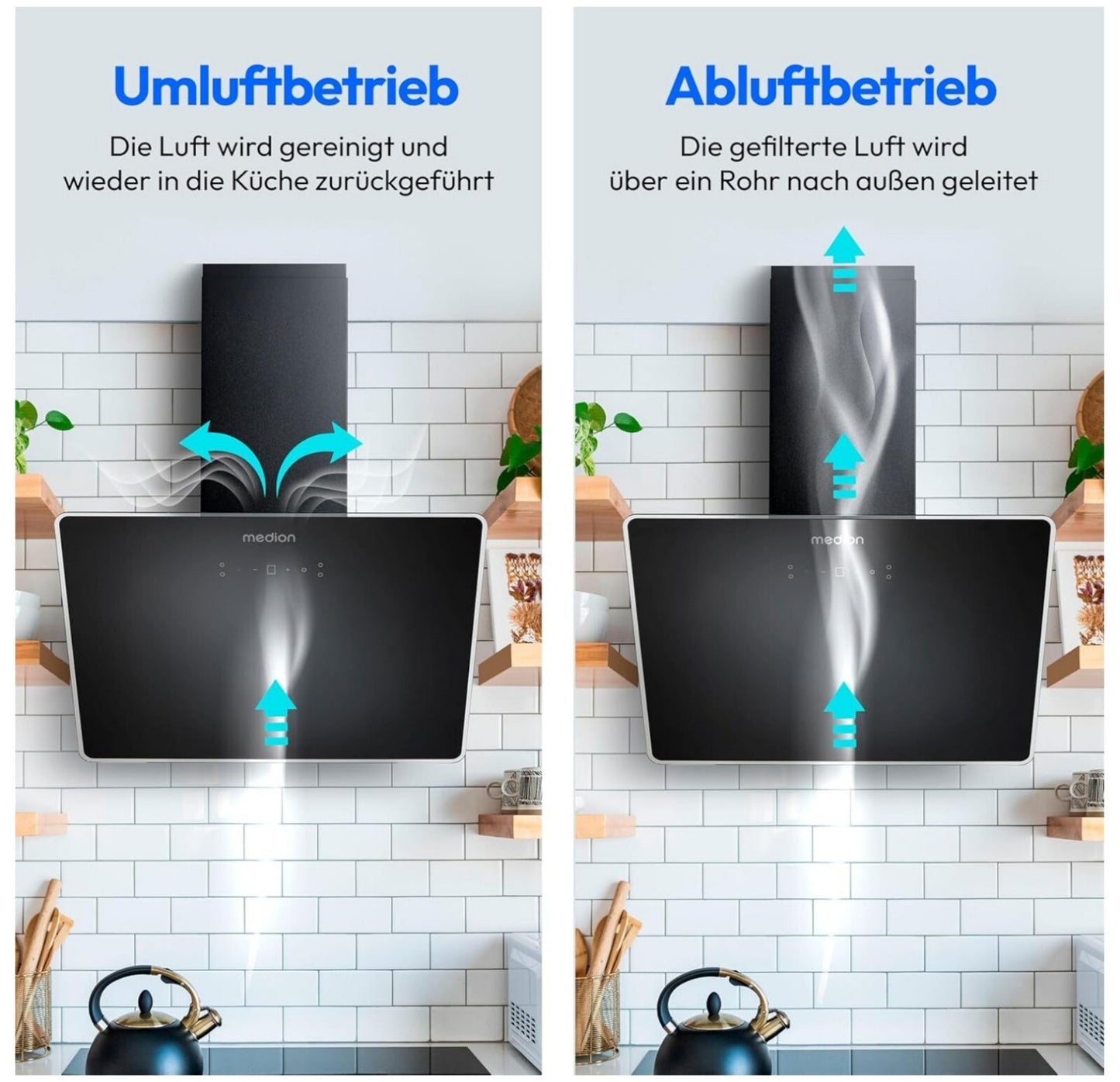 MEDION Kopffreie Dunstabzugshaube 60cm Glas 320m³/h Touch LED Schwarz