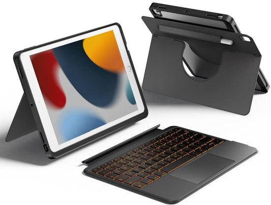 iPad 9/8/7 Gen Hülle mit Tastatur Trackpad 360° Schwarz