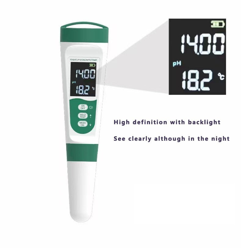 5-in-1 pH TDS EC Salzgehalt Temperatur Wassertester mit Stimme