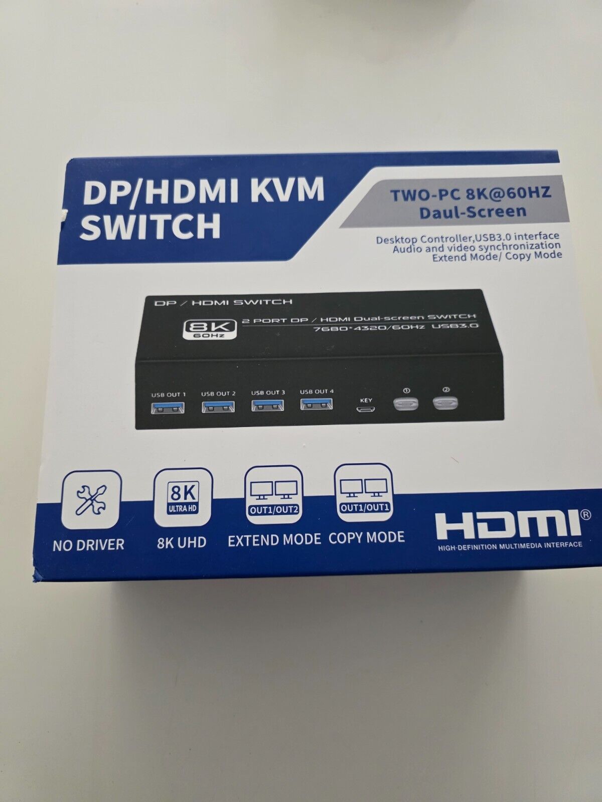 8K DP / HDMI KVM 2PC 2 Monitor 8K@60Hz 4K@120Hz 2K@144Hz + Kabel