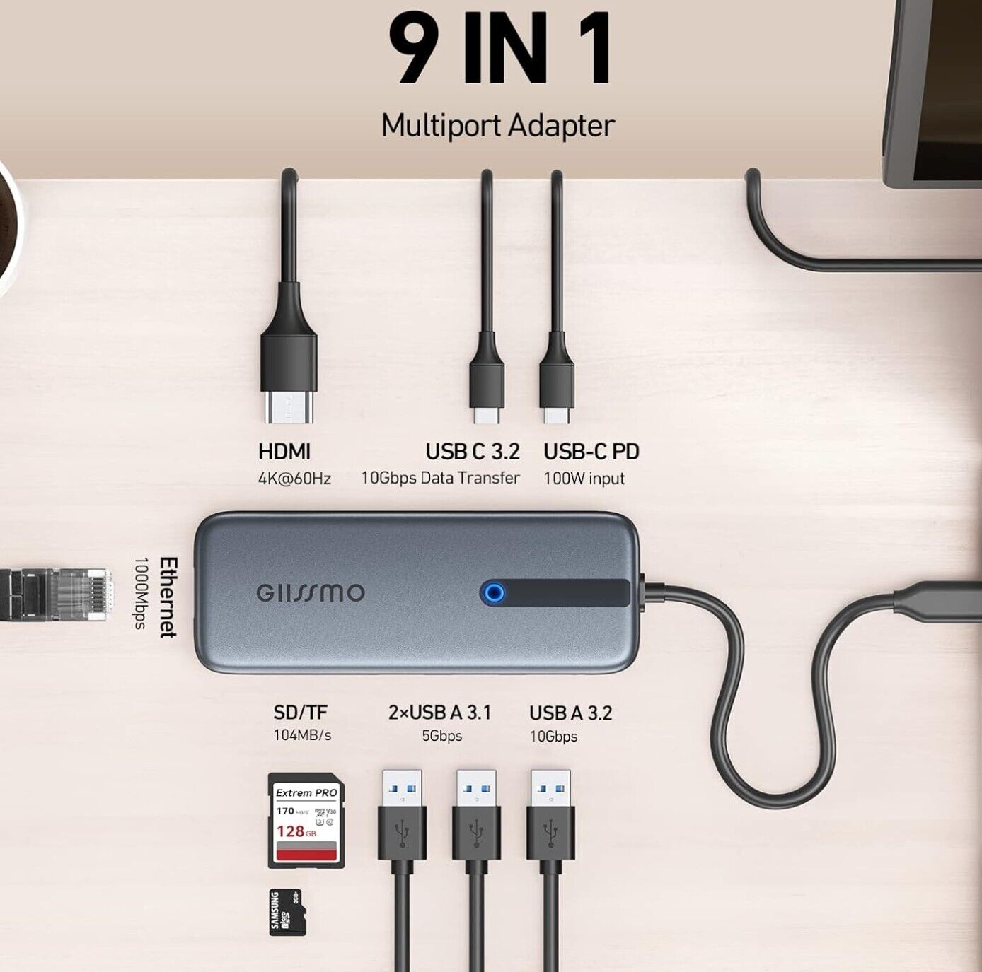 USB C Hub 4K@60Hz, 100W PD, Ethernet RJ45, 10Gbps USB-C/A 3.2Gen 2, MicroSD & SD