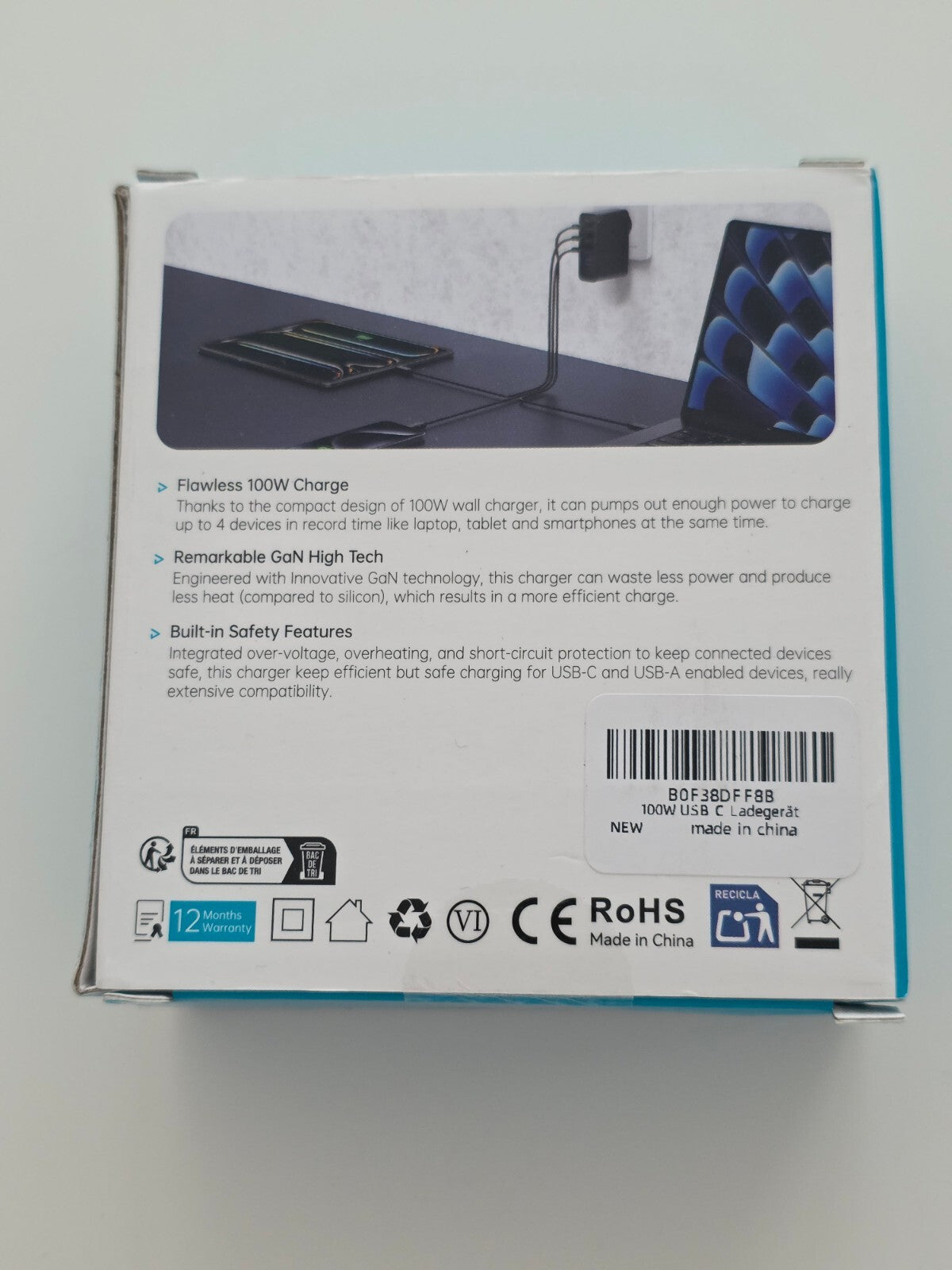 USB-C Ladegerät 100W 4 Ports PD 3.0 Schnellladegerät USB-C/USB-A