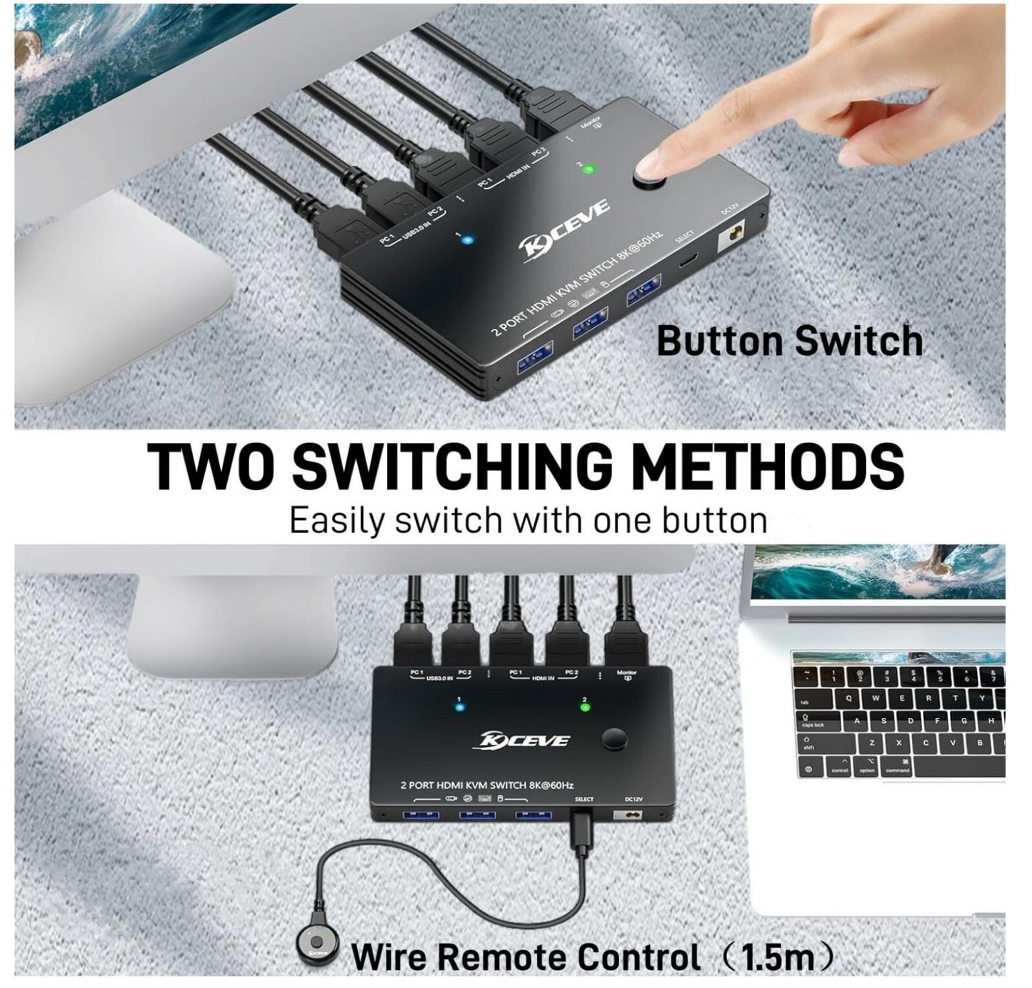 8K HDMI KVM Switch 2 PC 1 Monitor 4K@144Hz, USB 3.0, Kabelfernbedienung
