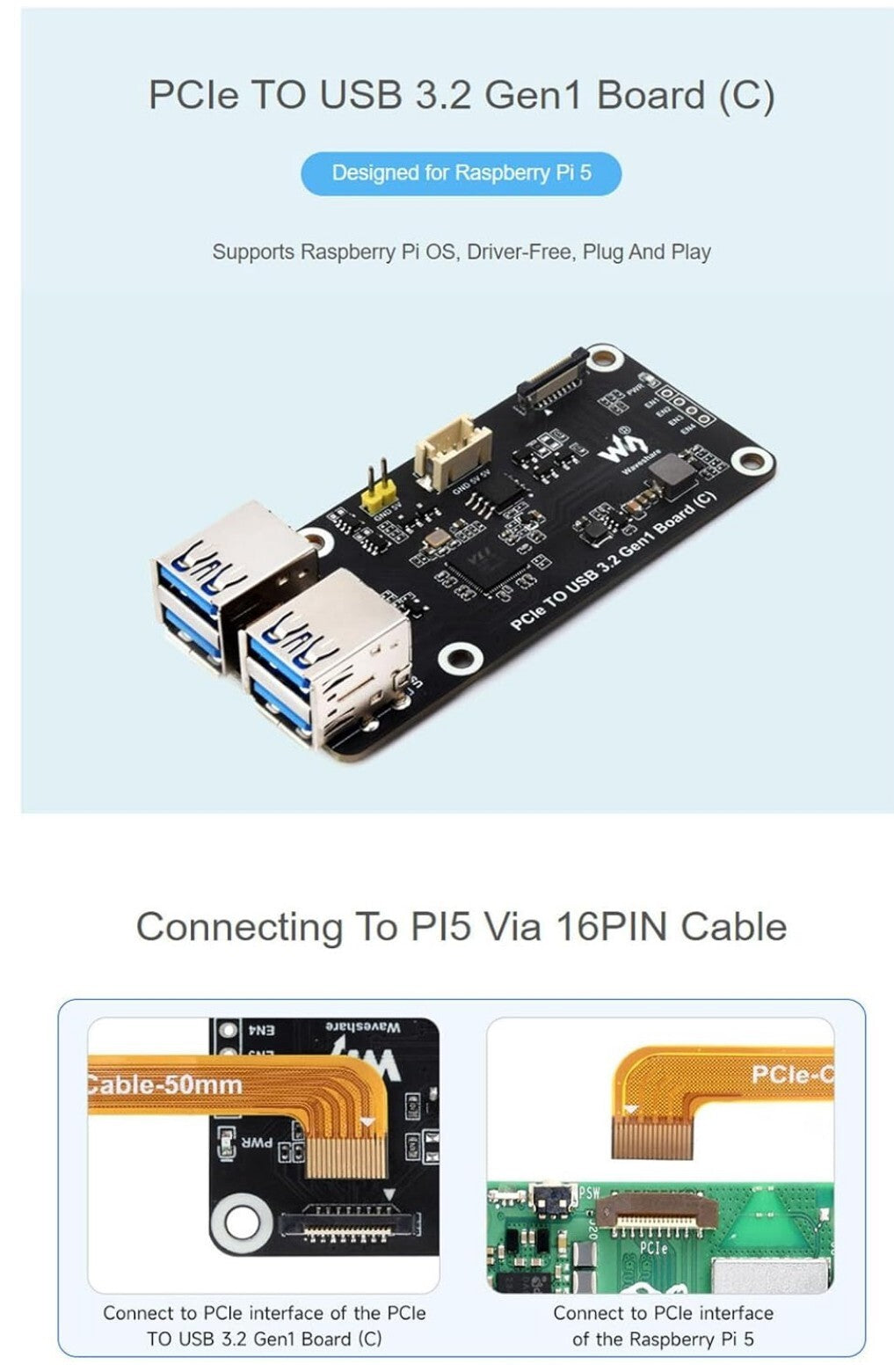 PCIe zu 4-Ch USB3.2 Gen1 Board – Erweitern Sie Ihren Raspberry Pi 5!