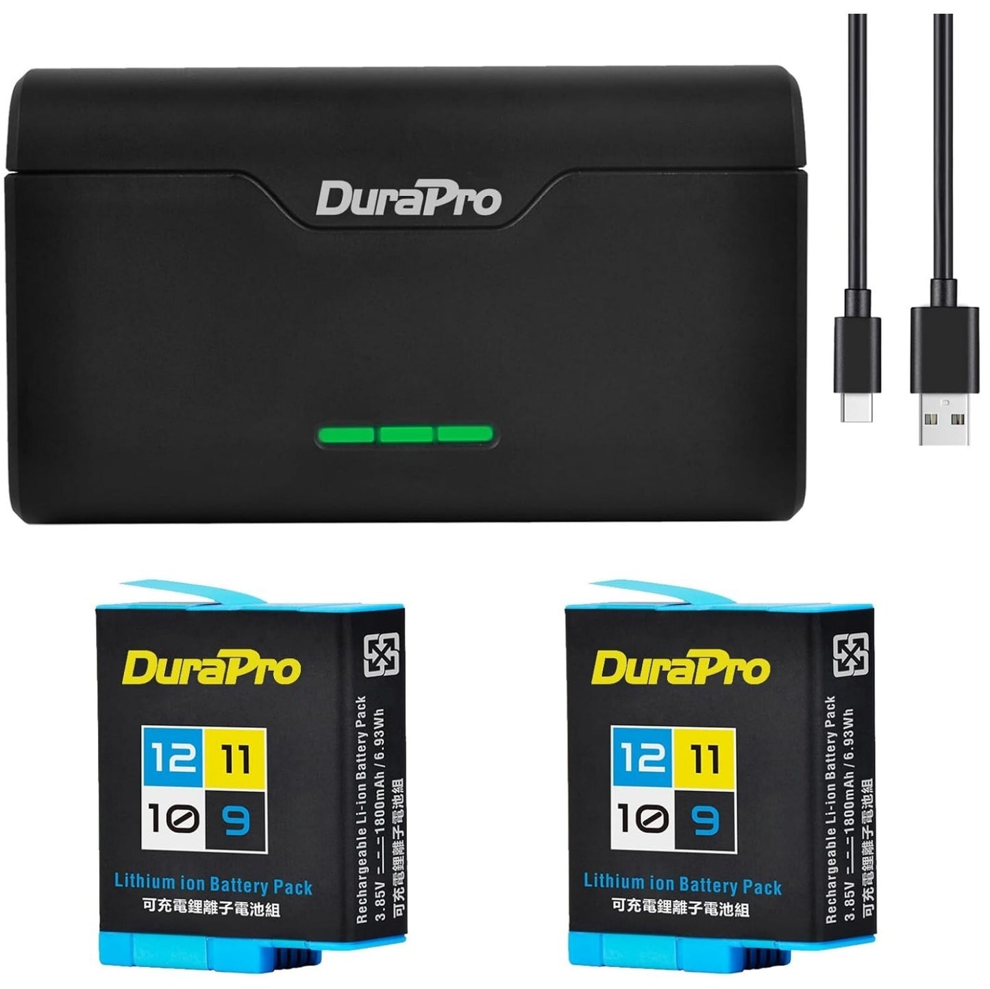 2x 1800mAh Akku + 3-Slots USB-C Ladegerät für GoPro Hero 12/11/10/9