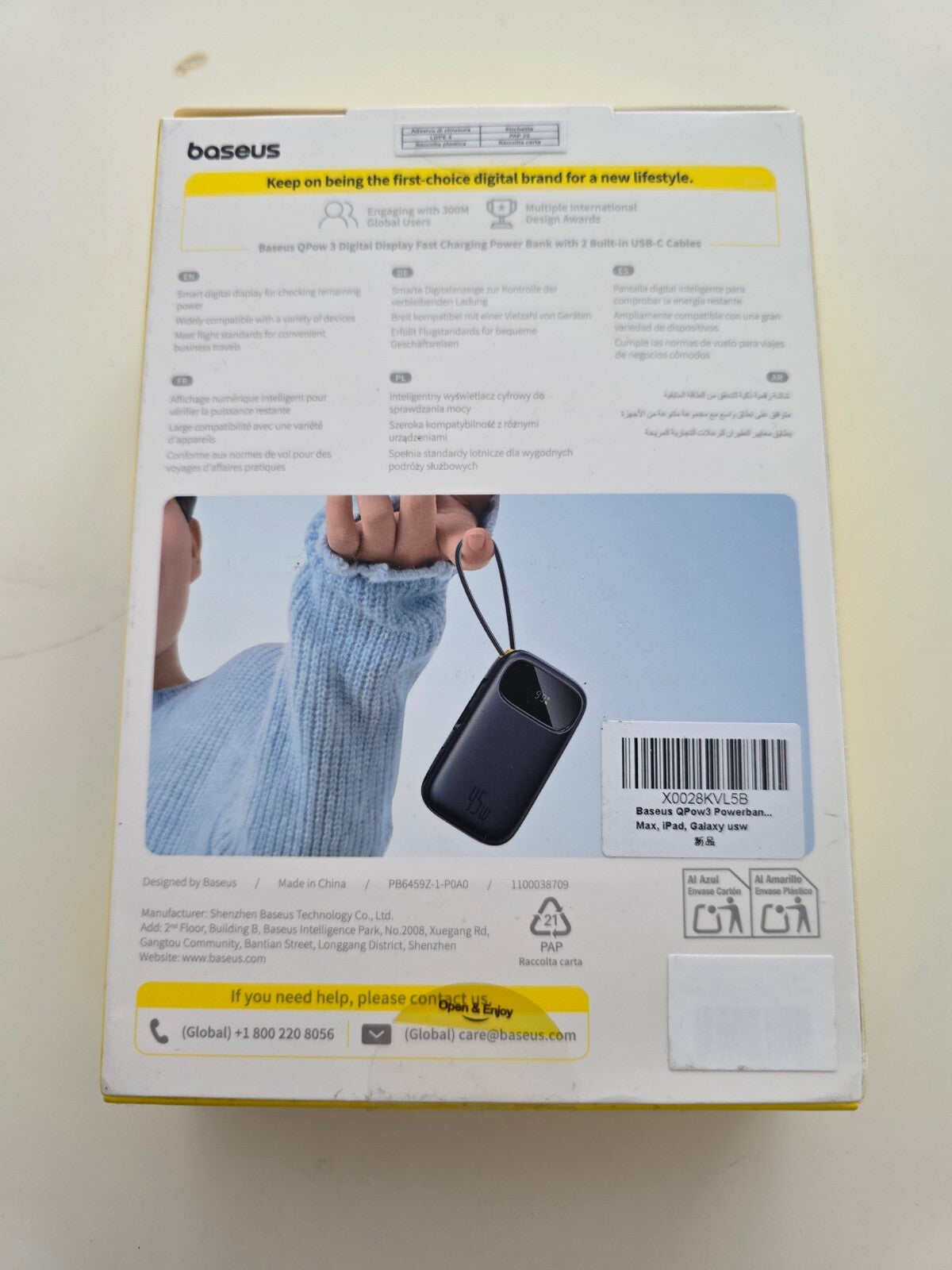 QPow3 Powerbank 45W 20000mAh 2x USB-C Kabel PD3.0 QC4.0 4 Ports
