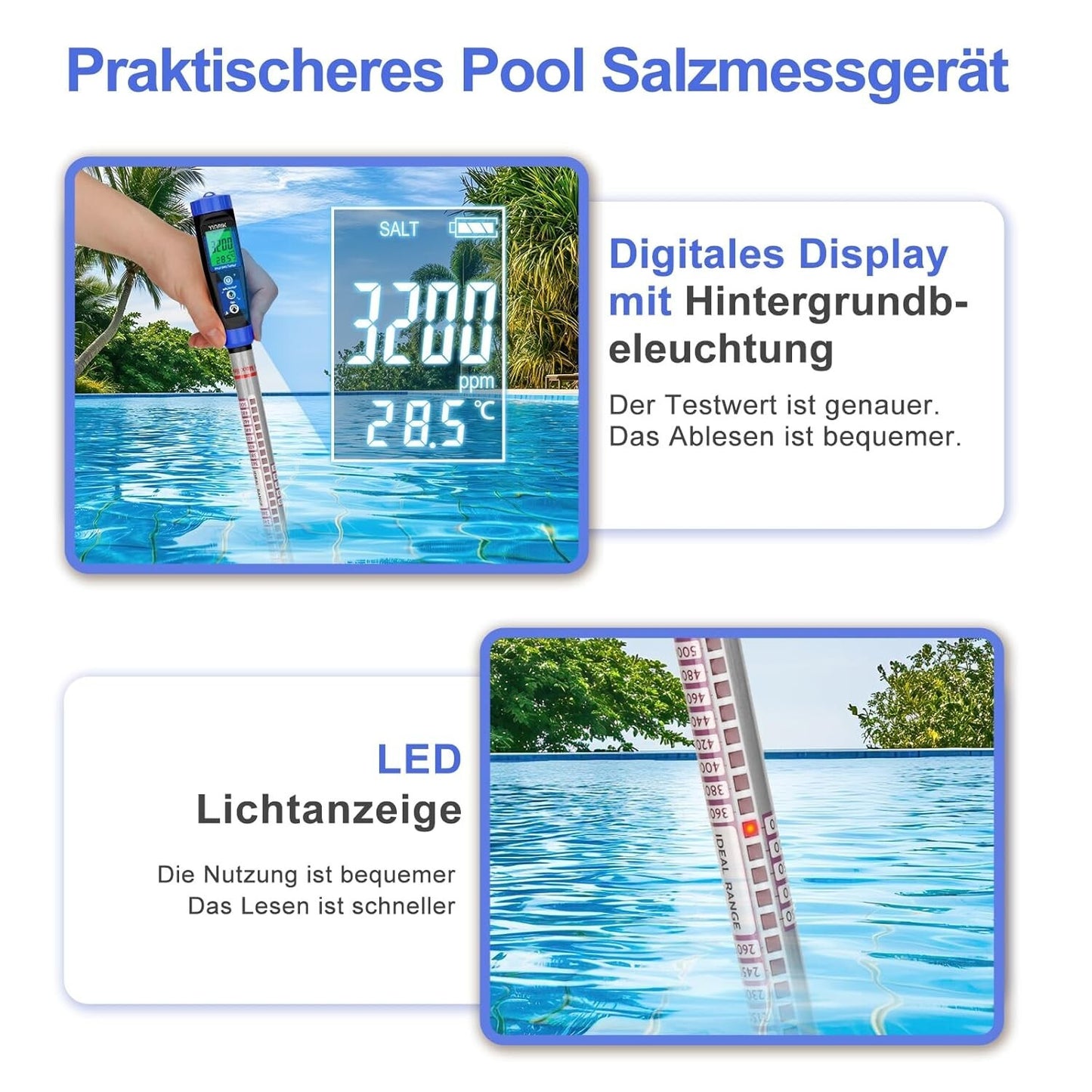 Pool Salzgehalt Testthermometer 5m Sonde LED LCD 2700-3400ppm