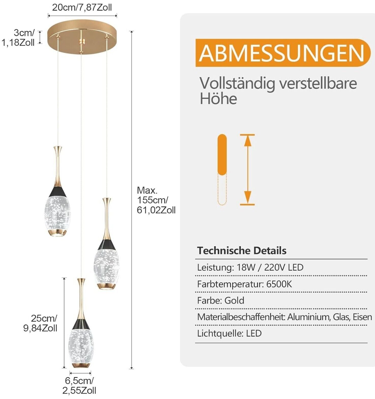 Schwarz-Gold 3-Flammig LED Kristall Pendelleuchte