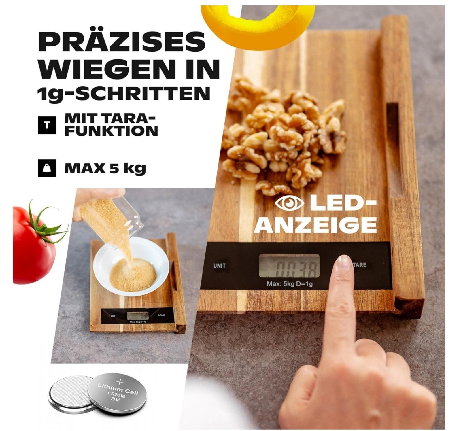 Holz-Schneidebrett mit Digitalwaage 1g Genau Akazienholz 38x27,5cm