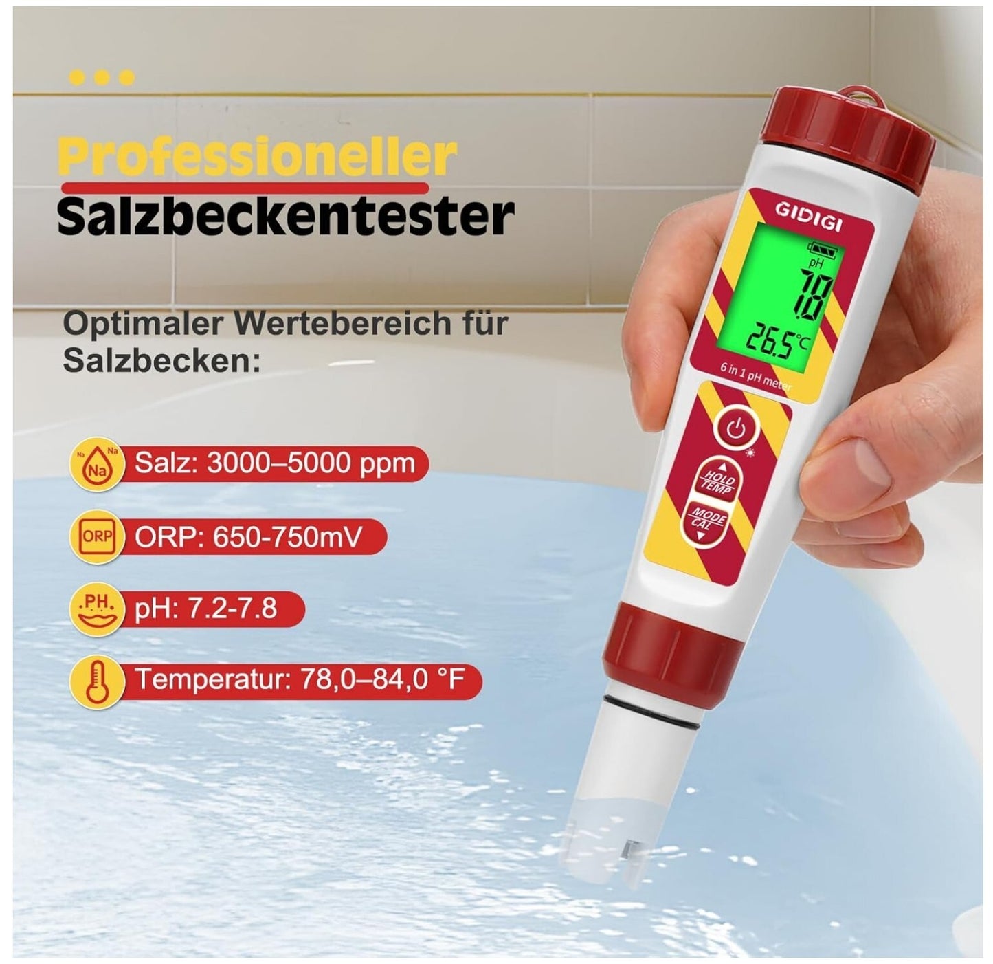 6-in-1 pH ORP Salzmessgerät Pool Aquarium TDS EC 222mV