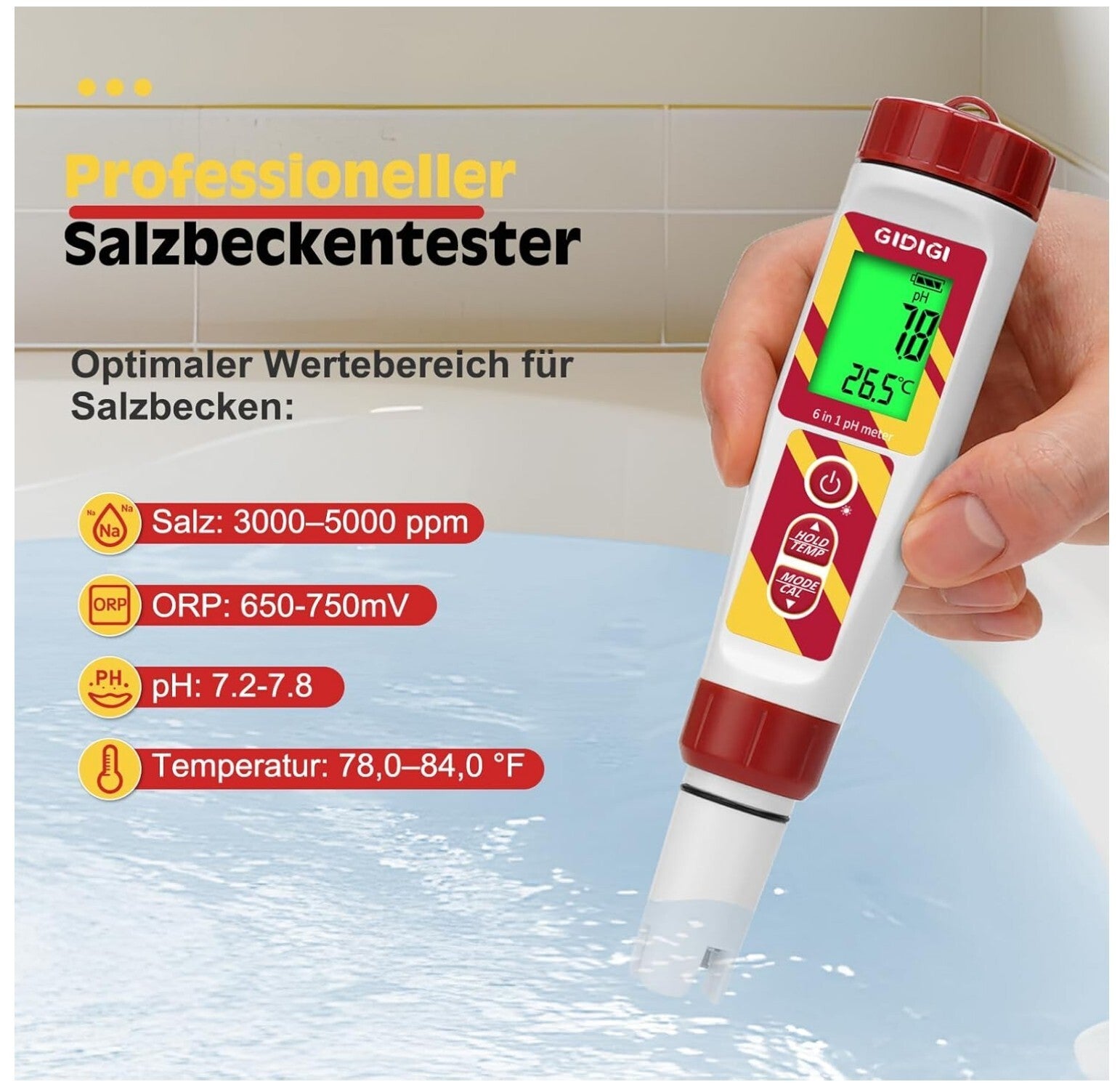 6-in-1 pH ORP Salzmessgerät Pool Aquarium TDS EC 222mV