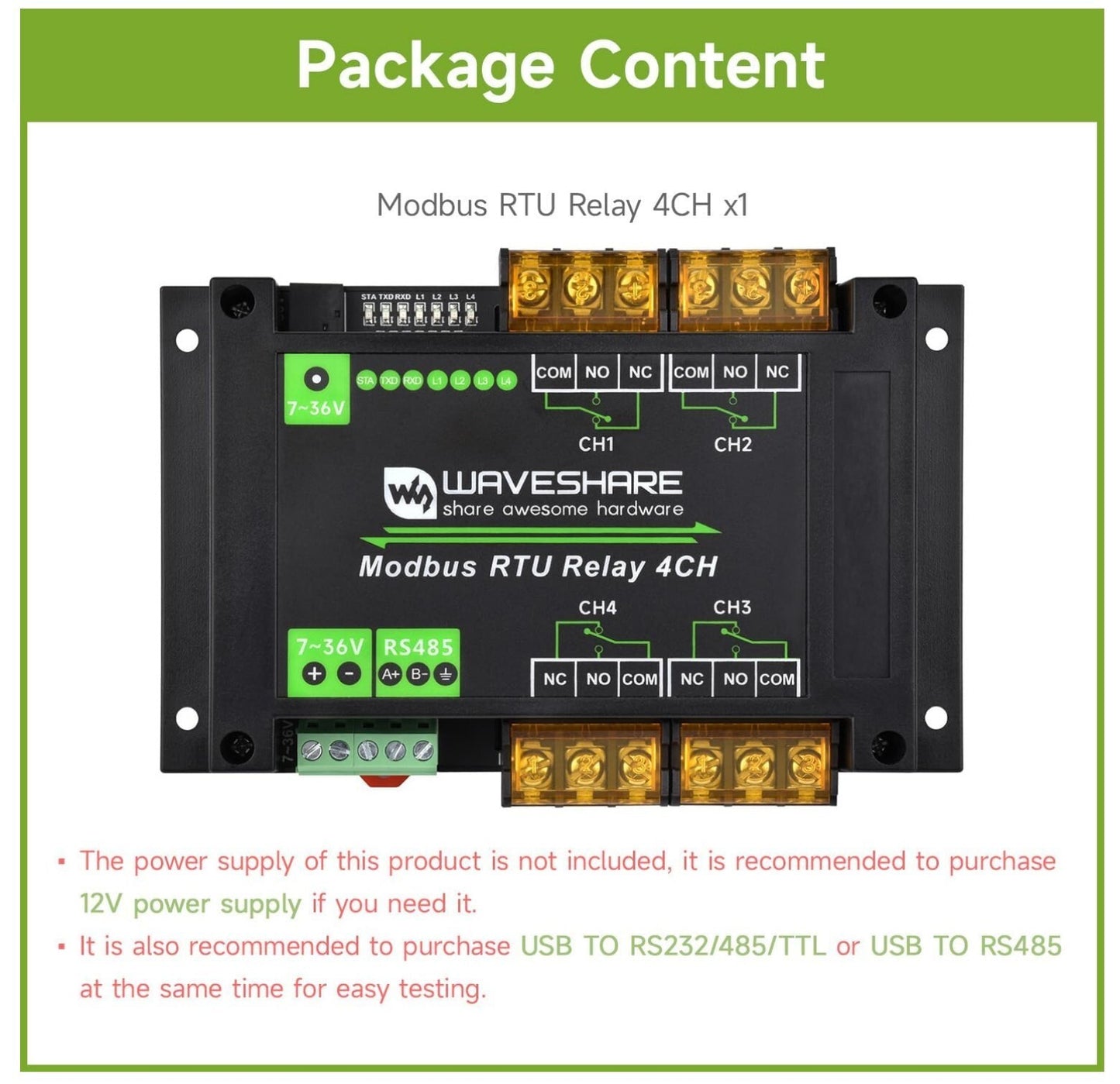Modbus RTU 4-Ch Relay 30A RS485 Rail-Mount LED Isolation