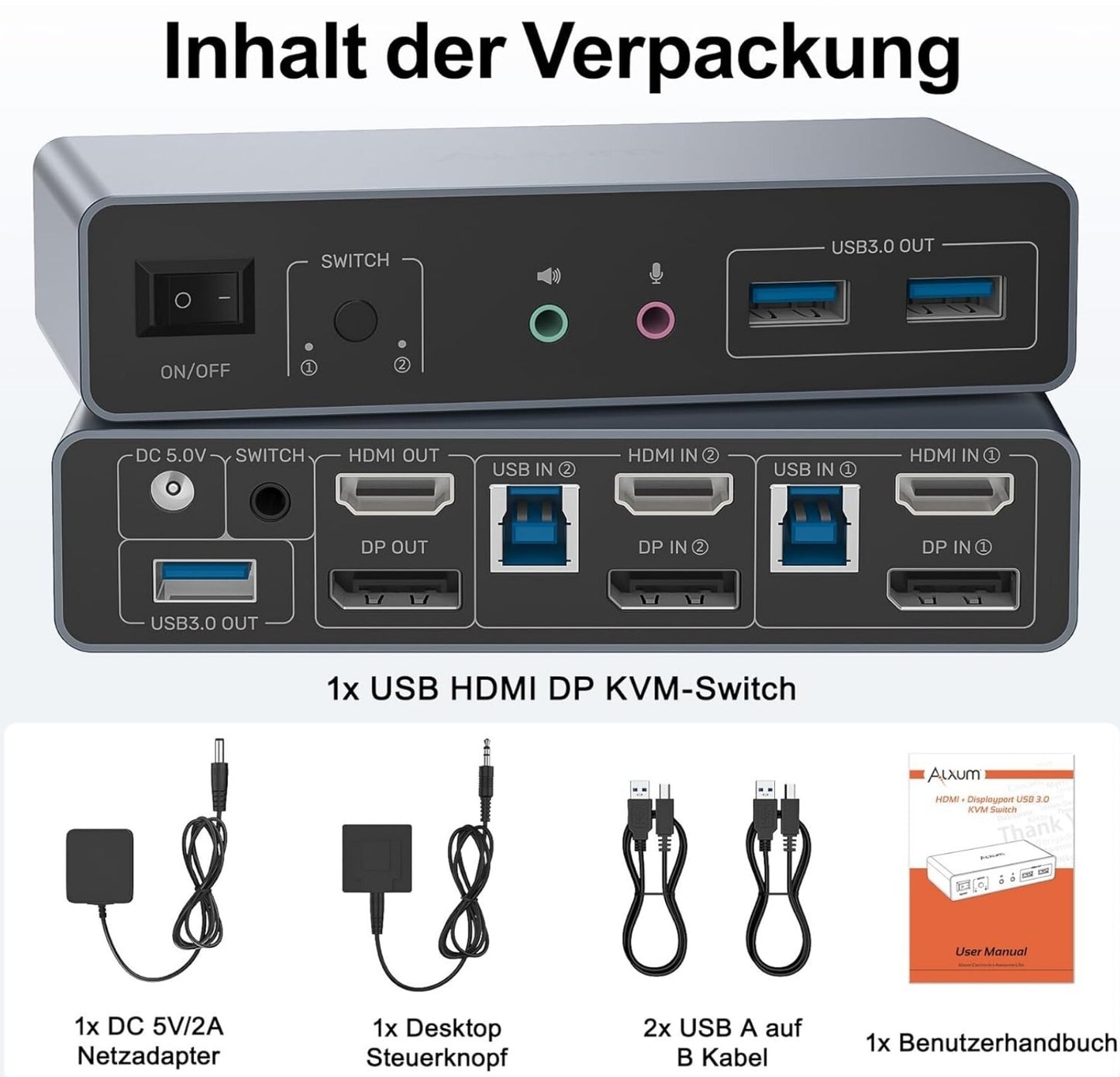 HDMI DP KVM-Switch 4K@60Hz Dual Monitor für 2 PCs USB 3.0