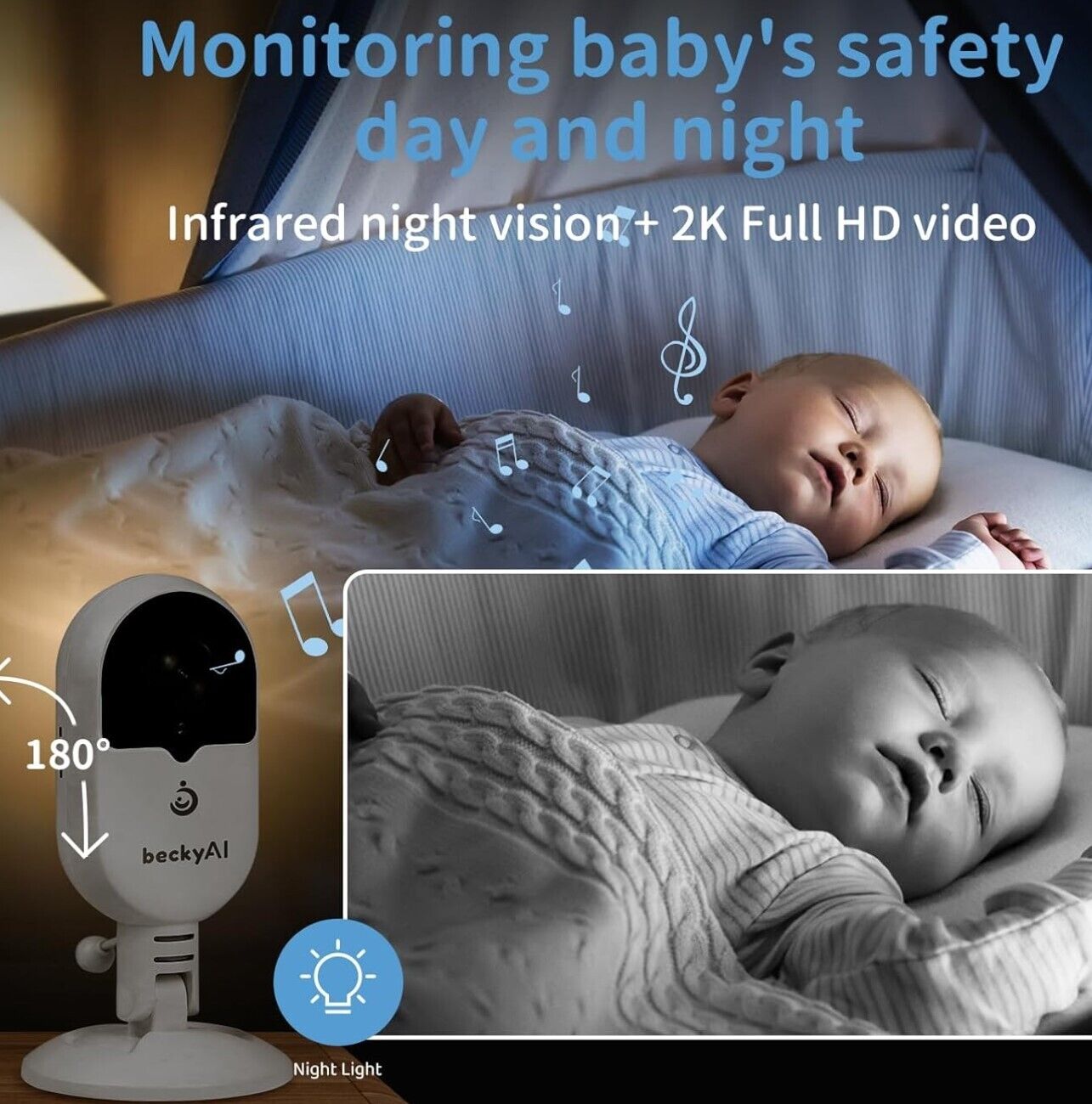 Babyphone Ai Smart APP Intelligente Schlafanalyse, Erstickungsalarm, WLAN 2K HD