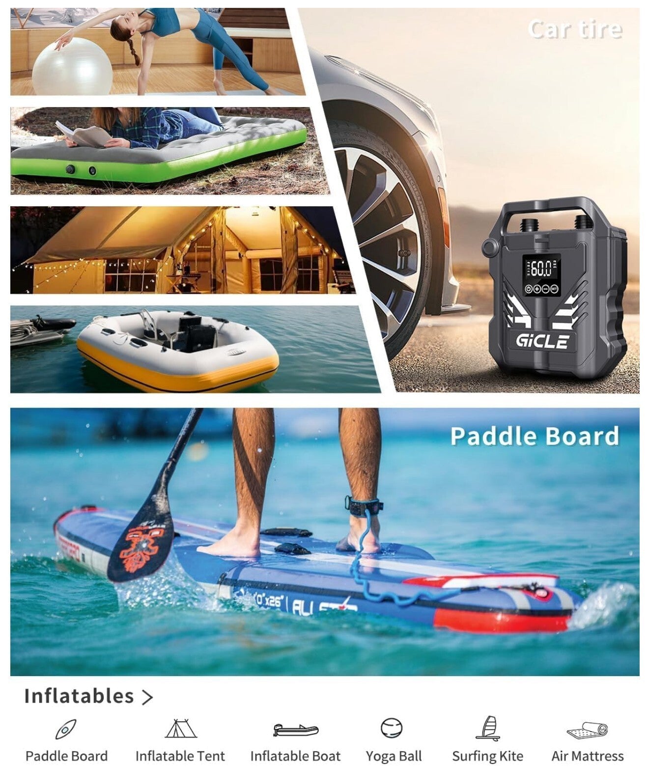 Elektrische SUP Pumpe 60PSI Dual Stage Auto-Off 12V für Paddleboard