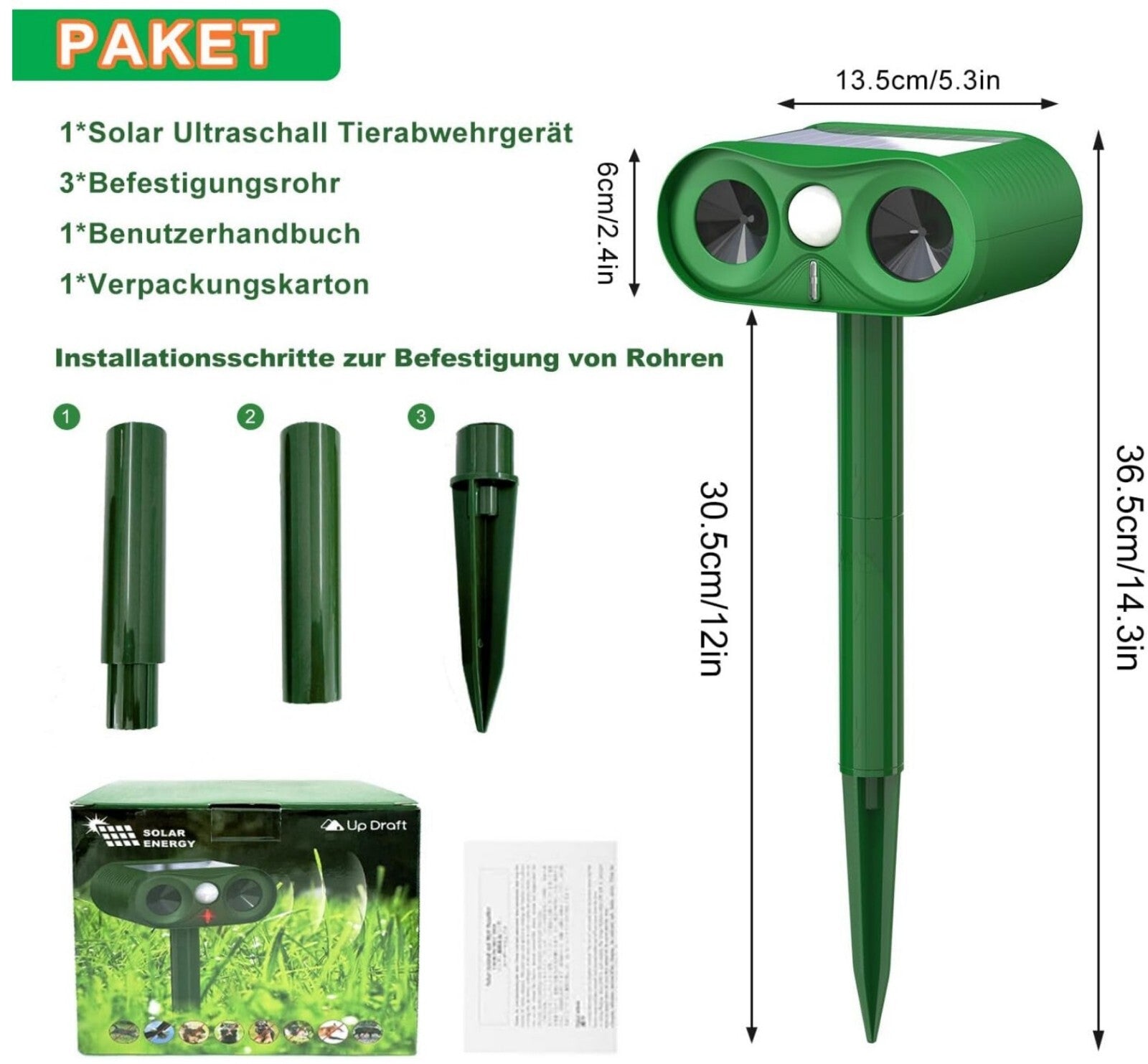 2x Katzenschreck Ultraschall Solar PIR-Sensor 230m² Tierschreck Abwehr